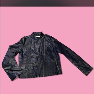 Navy Blue Leather Moto Jacket